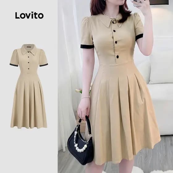 Lovito Vestido Casual com Botões Frente Colorido Pregueado Primavera/verão Cáqui para Mulheres LK5ED146