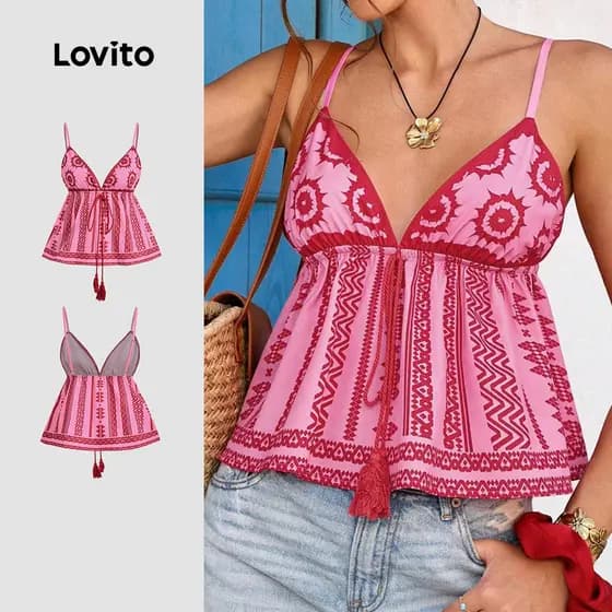 Blusa Regata Feminina Lovito Férias Nacional Top Franjas Costas Nuas Primavera/verão Top LBL32267