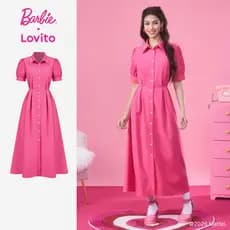 Barbie™ X Lovito Vestido Casual Elegante Formal Bordado Com Botões Rosa Primavera/verão Mulheres LB1AD036