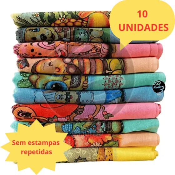 Pano De Prato Estampado Colorido Kit com 10 Peças - 100% Algodão