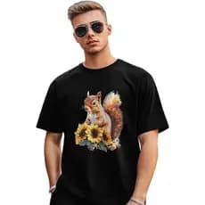 Camisetas masculinas, camiseta de manga curta animal esquilo girassol para homens, gola redonda, camisetas masculinas