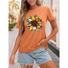 Camiseta feminina de verão com estampa de flores fofas, soltas, gola redonda, manga curta, casual
