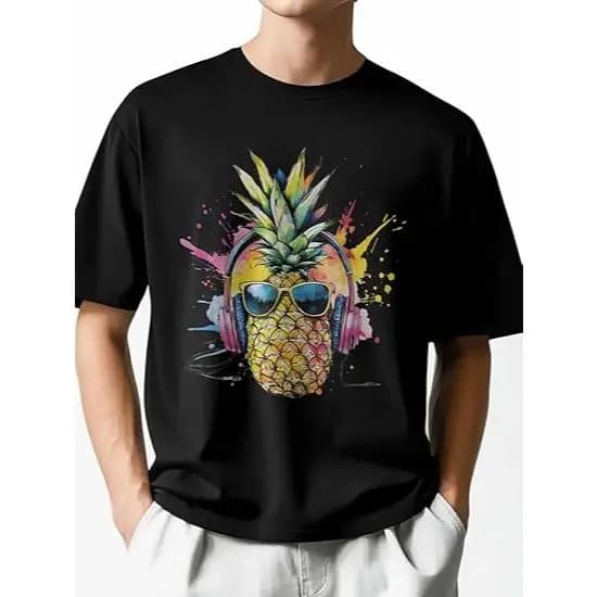 Camiseta masculina casual, manga curta, abacaxi, fone de ouvido, gola redonda, camisetas masculinas.