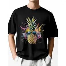 Camiseta masculina casual, manga curta, abacaxi, fone de ouvido, gola redonda, camisetas masculinas.