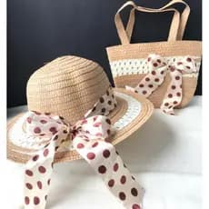 Kit de Infantil Bolsa e Chapéu Proteção Solar De Verão Palha De Praia Piscina Laço Poa ou Chapéu de Flor  Menina