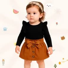 Conjunto Infantil Blusa manga Longa Princesa + Saia Menina Blogueirinha 3 peças Saia + Cinto + Blusa de Manga Bufante