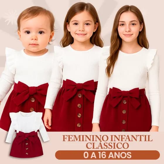 6 meses a 16 anos Conjunto Feminino Infantil Clássico Branco Saia Vinho para Bebê e Juvenil Estiloso
