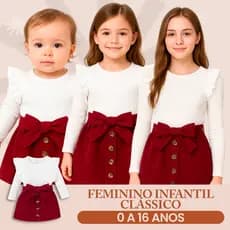 6 meses a 16 anos Conjunto Feminino Infantil Clássico Branco Saia Vinho para Bebê e Juvenil Estiloso