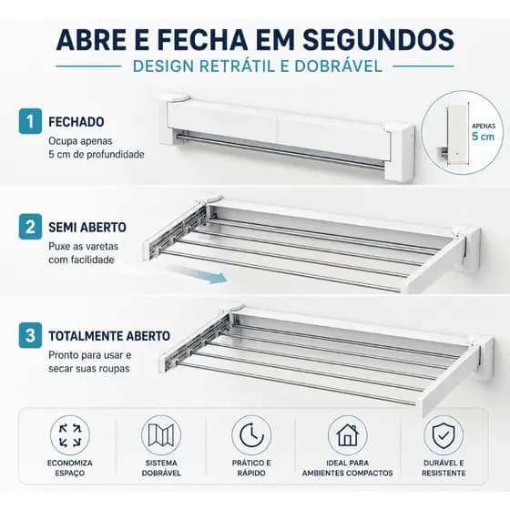 Varal Retrátil Dobrável 5 Varetas Varal Parede Retrátil Dobrável Lavanderia Banheiro Sacada