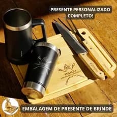 Kit Churrasco Personalizado Dia Dos Pais Tábua Faca Garfo E Copo/Caneca + Embalagem Presente