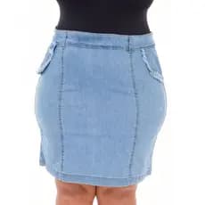 Saia Jeans Feminina Plus Cristal Com Ziper Atrás Com Detalhe Desfiado