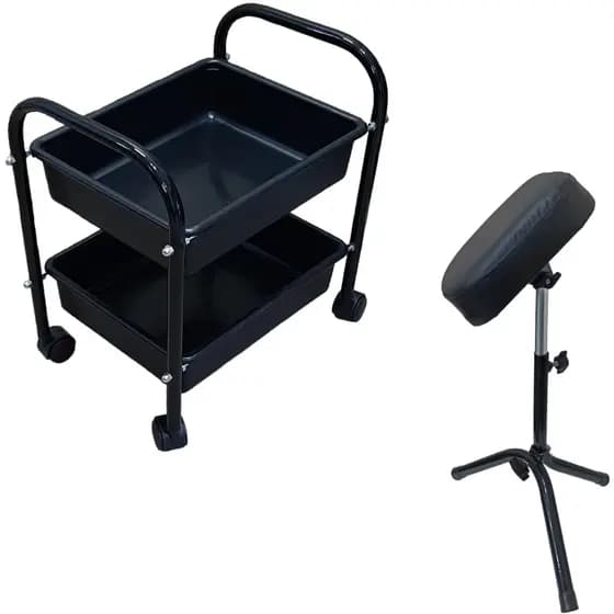 Carrinho Porta Esmalte Auxiliar Manicure 2 Bandejas + Suporte Tripe Apoio de Pé Pedicure Manicure