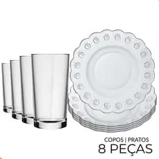 Jogo de Pratos Fundos e Copos com 8 Peças – Aparelho de Jantar em Vidro Ideal para Mesa Posta