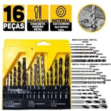 Jogo De Brocas 16 Peças C/ Estojo Para Madeira Ferro Concreto Metal Aço Furadeira Parafusadeira