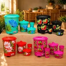 Kit Pia Cozinha C/ Lixeira De Pedal 14 Litros Plástico Decorado A Mão Kit Organização Limpeza Cozinha 4 Peças Kit Pia