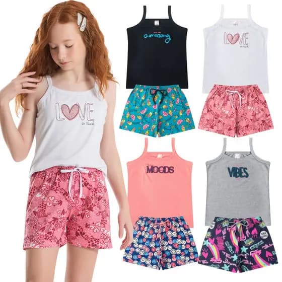 Kit 2 Conjuntos Juvenil de Verão Feminino Roupa Infantil de Verão Camiseta de Alça + Short Estampado