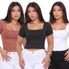 Kit 3 Blusas Cropped Suplex Básico Liso Manga Curta Forrado Decote Quadrado Cores Variadas