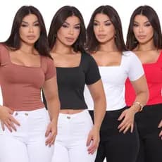 Kit 4 Blusas Cropped Suplex Básico Liso Manga Curta Forrado Decote Quadrado Cores Variadas