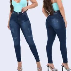 Calça Jeans Feminina Escura, detalhes de Puído, Cintura Alta, com Lycra, Levanta Bumbum