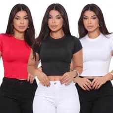 Kit 3 Cropped Blusa Suplex Básico Liso Manga Curta Várias Cores