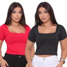 Kit 2 Blusas Cropped Suplex Básico Liso Manga Curta Forrado Decote Quadrado Cores Variadas