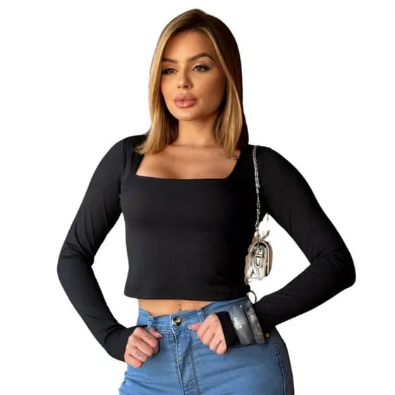 Cropped Blusa Suplex Canelado Manga Longa Decote Quadrado Várias Cores