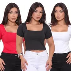 Kit 3 Cropped Blusa Suplex Básico Manga Curta Forrado Liso Decote Quadrado