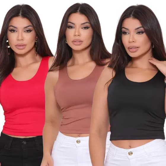 Kit 3 Cropped Blusa Regata Suplex Liso Várias Cores