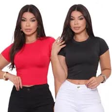 Kit 2 Cropped Blusa Suplex Básico Liso Manga Curta Várias Cores