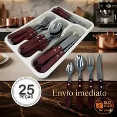 Jogo Completo 24Pcs Talher INOX Cabo de Madeira Faqueiro+ Porta Talher Organizador Com Divisória