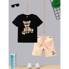 Conjunto Bermuda Bege Com Bolso + Camiseta Algodão Urso Xadrez Moda Infantil Kids Juvenil