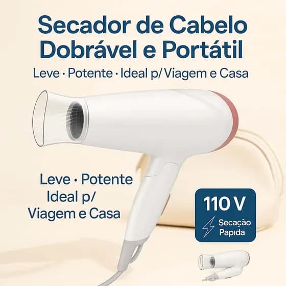 Secador de Cabelo 110V Dobrável e Portátil  Leve, Potente, Ideal p/ Viagem e Uso Doméstico