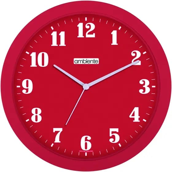 RELOGIO DE PAREDE FUNDO VERMELHO NRS BRANCOS 27CM REDONDO