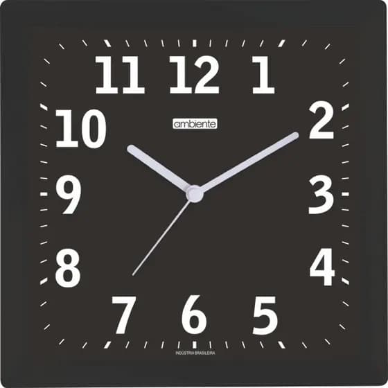 RELOGIO DE PAREDE QUADRADO FUNDO PRETO NUMEROS BRANCOS