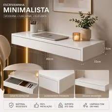 Escrivaninha Suspensa 80cm Gaveta MDF Branca Mesa de Parede Compacta Home Office Moderna Penteadeira
