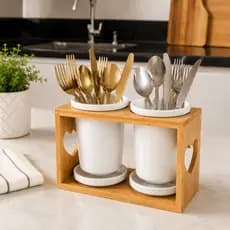 Porta Talheres Escorredor Porcelana Premium com Suporte Bambu Organizador Mesa Cozinha Moderna