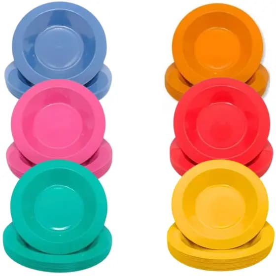 Kit 20 Pratos Plástico Fundo Duro Resistente Infantil Refeição Merenda Escolar Colorido Durável Presente