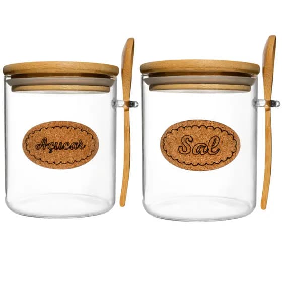 Kit Saleiro e Açucareiro Vidro Borossilicato 450ml Tampa Bambu Hermética com Colher Cozinha