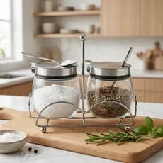 Porta Condimentos Vidro 220ml com Colheres e Suporte Metal Organizador Cozinha Mesa Posta Elegante Presente