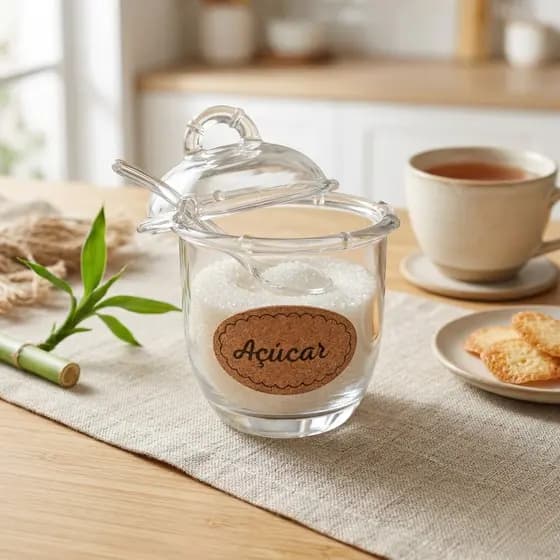 Açucareiro Vidro Transparente com Colher Acrílico Linha Bambu Porta Açúcar Cozinha Decorativa Elegante Presente