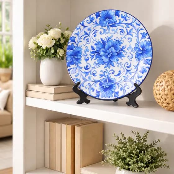 Prato Decorativo Cerâmica com Suporte para Mesa Sala Aparador Decoração Clássica Moderna