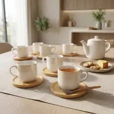 Jogo 6 Xícaras Café 120ml Margareth com 6 Pires Bambu Mesa Posta Elegante Porcelana Presente Cozinha