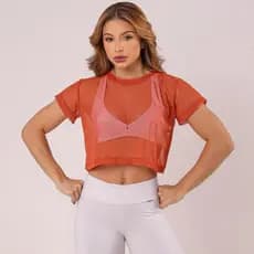 Blusa Cropped Manga Curta Feminina Fitness de Academia de Tule Premium
