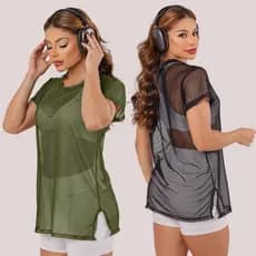 Kit 2 Camisão de Tule Manga Curta Comprido Fitness Moda Academia Blogueirinha Feminina