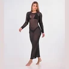 Vestido Saída de Praia Longo Transparente Feminino Moda Praia Luxo Verão Premium Manga Longa