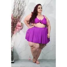 Biquíni de Saia Embutida - Cor fúscia com Sutiã Cropped o Laço e Bojo Removivel Plus Size - no Tamanho 60 (Veste até 64)