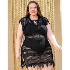 Saida de Praia  Franja - Tricot -  PLus Size Curta -  Com Franja- Abertura Lateral -  Tamanho Unico - Veste 46 ao 52