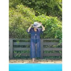 Saida de Praia PLus Size Longa- Lisa  Com Babado nas Manga e Saia- Elastico e Laço na Cintura -Unico 52 - Azul Marinho