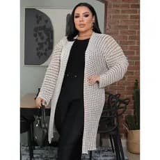 Casaco Cardigan Plus Size em Trico Meia Estacao Alongado Estampado Manga Longa Moda Outono Veste 50 ao 54