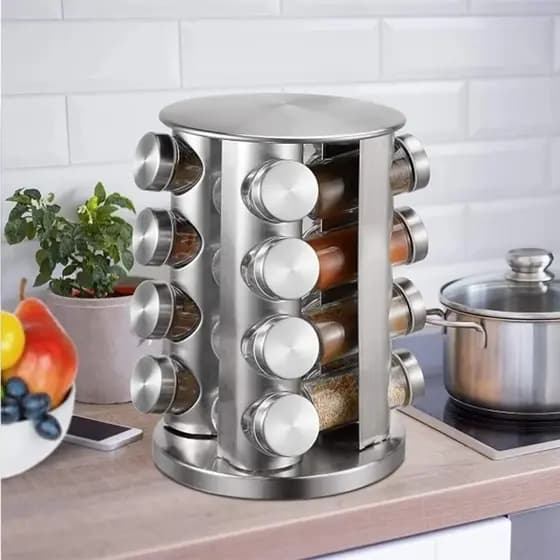 Porta Tempero Condimento Inox 16 Potes Redondo + Suporte Giratório